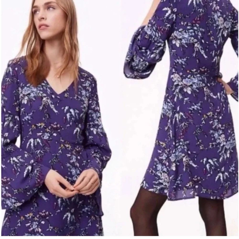 LOFT Purple Floral Long Bell -Sleeve V-Neck Dress- worn twice-‎ great shape!